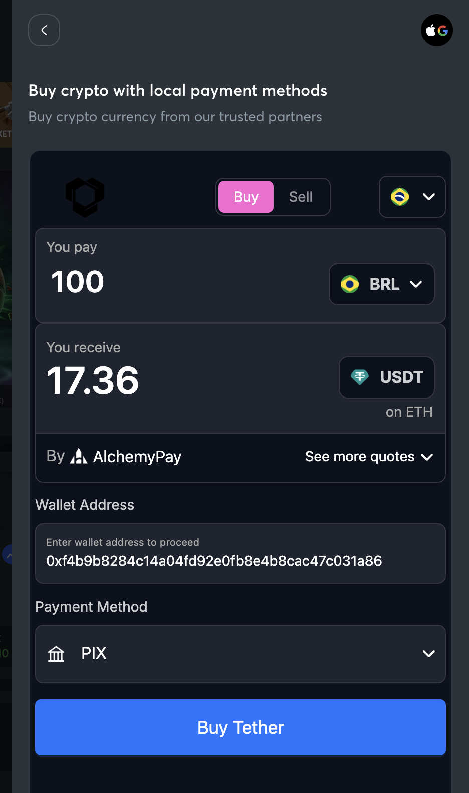 Buy Crypto screen with BRL and Pix selected
