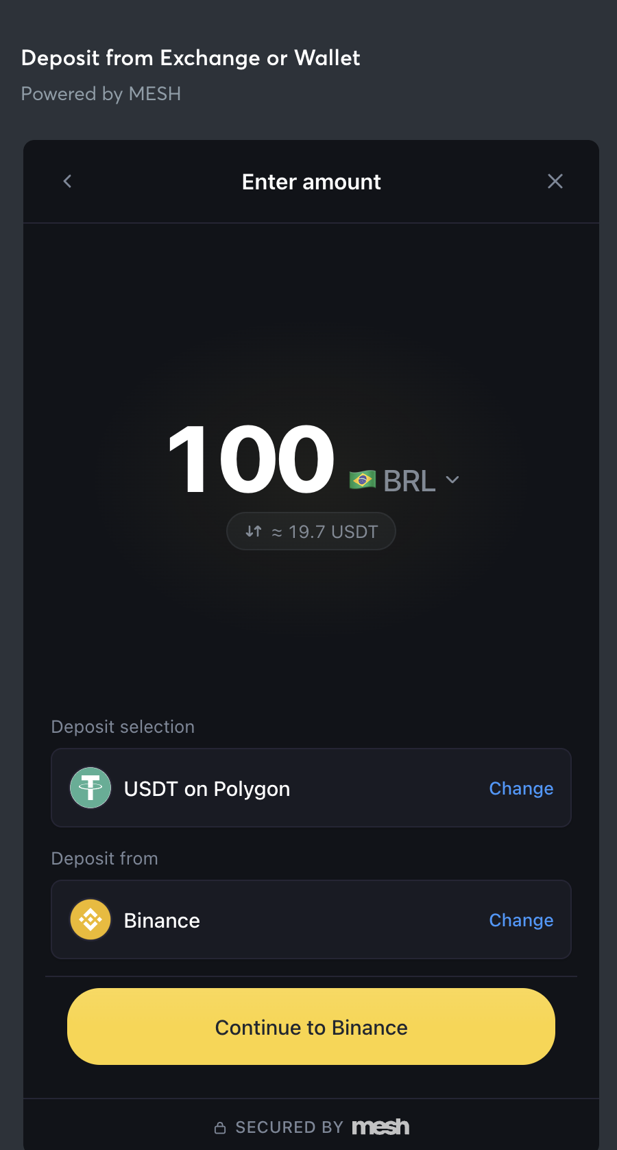 Binance or Coinbase selected as payment method